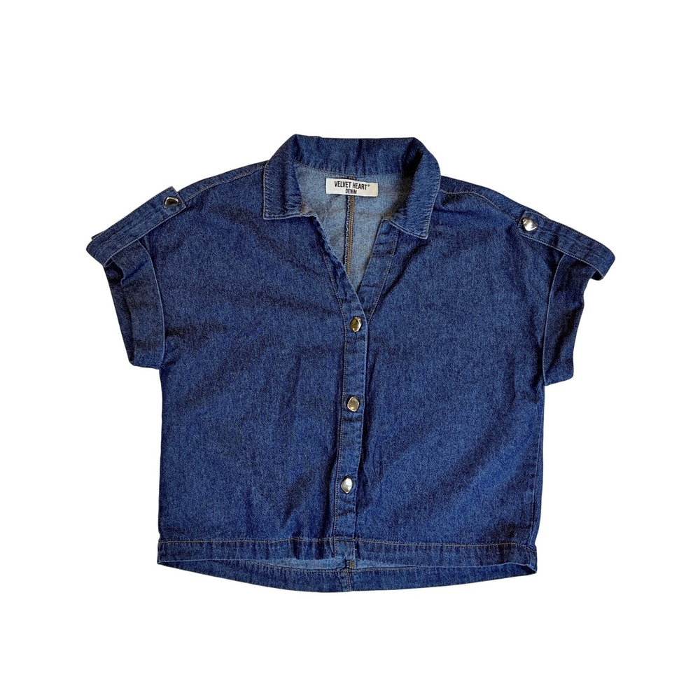 Velvet Heart Denim Top Women Medium Blue Short Sleeve Button Up Cuffed Epaulet